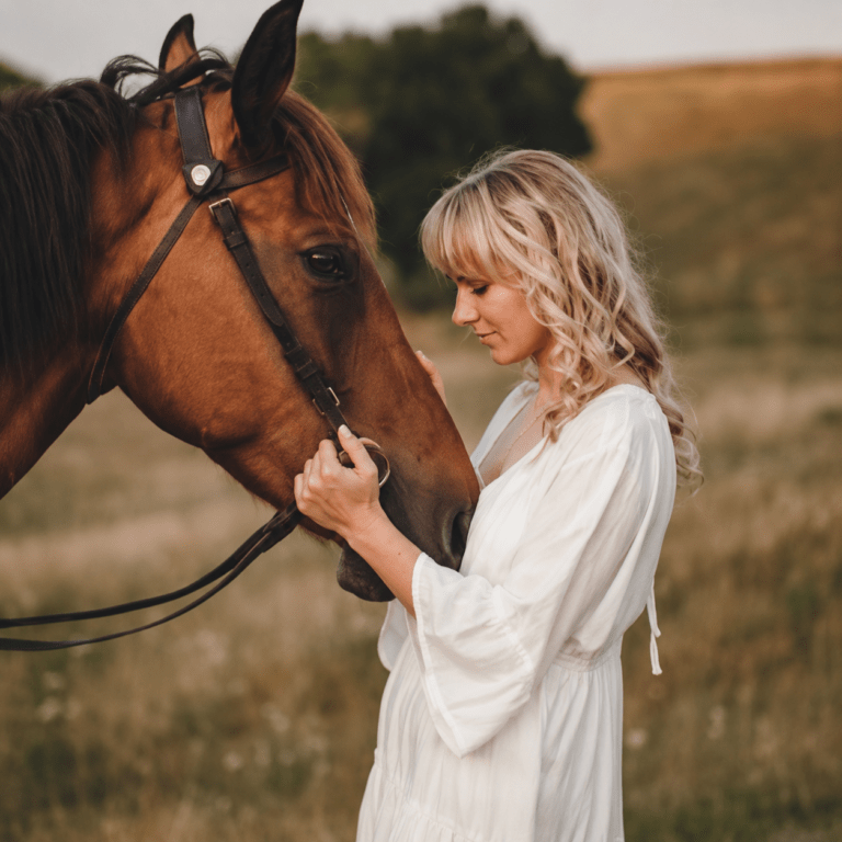 A woman in a white dress gently touches a brown horse's nose in a serene, grassy field during sunset, highlighting their bond.